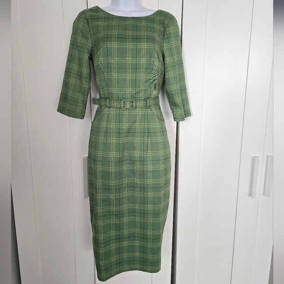 NWOT Collectif Adaline Leaf Check Green Plaid Fitted Wiggle Dress - Picture 8 of 15